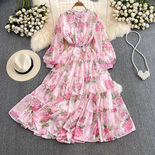 sweet lantern sleeves A-line printed ruffled chiffon dress elegant long skirt S4092