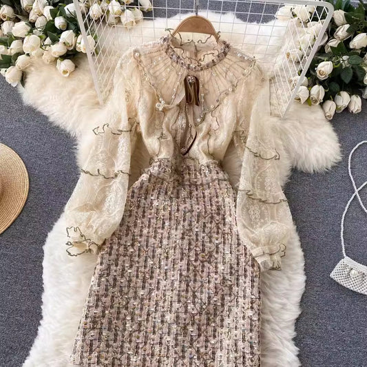 luxury women's French retro style dress beading and chic design skirt S4513