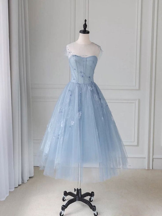 blue round neck tulle short prom dress, blue tulle homecoming dress S3242