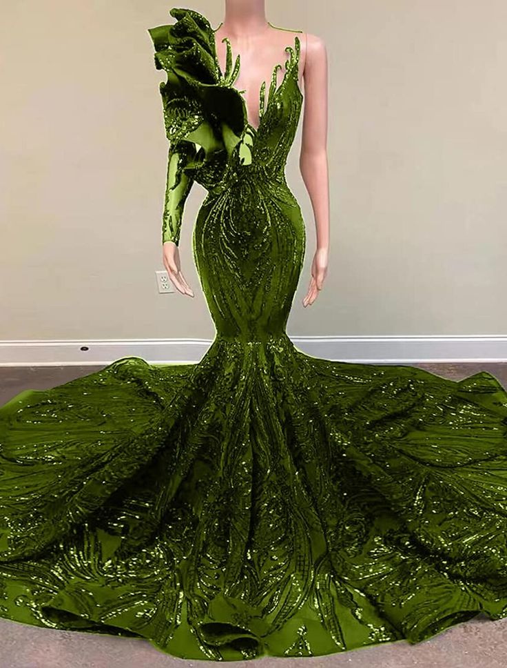 Evening Gown Sparkle & Shine Dress Engagement Formal Evening Court Train Long Sleeve One Shoulder Sequined prom gown