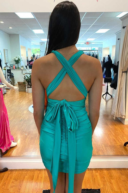Fitted Turquoise Plunge V Lace-Up Mini Dress S2626