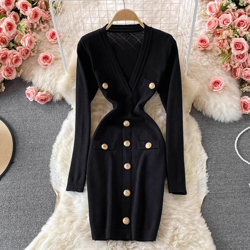 V-neck mid-length knitted elastic dress S4020