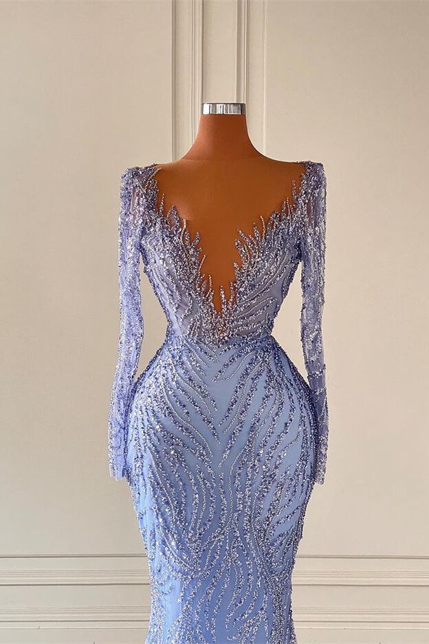 Floor Length V-Neck Long Sleeves Mermaid Satin Prom Dress with Beads S3755