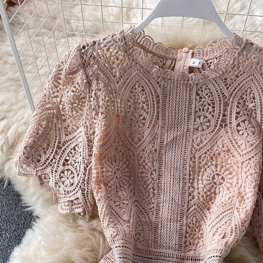 new women's fashion dress round neck short-sleeved lace skirt S3893