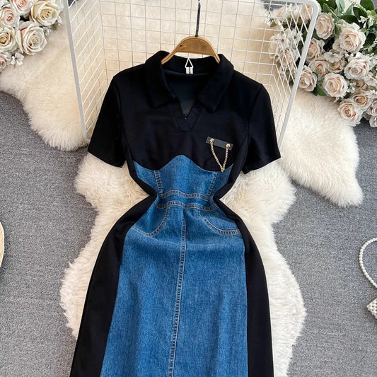 short-sleeved V-neck denim a-line dress S3961