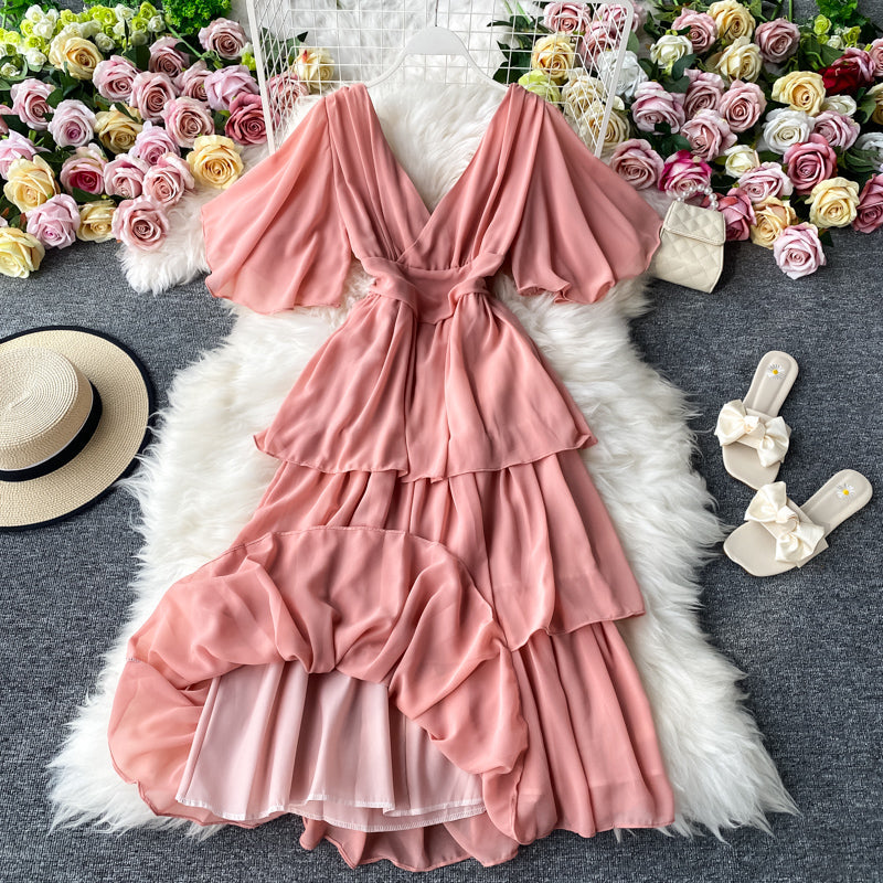 Sexy V-neck Backless Ruffle Dress S4452
