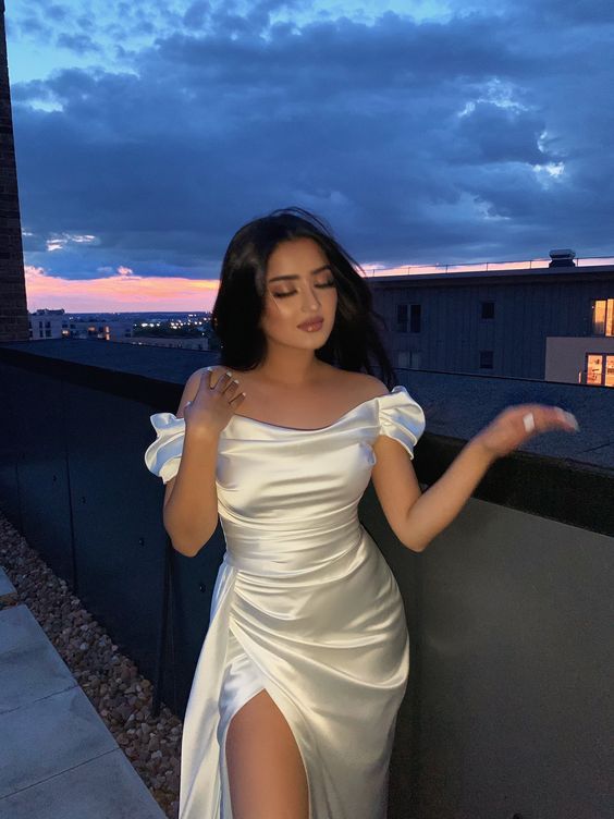 Off The Shoulder White Satin Long Evening Dress White Evening Gown