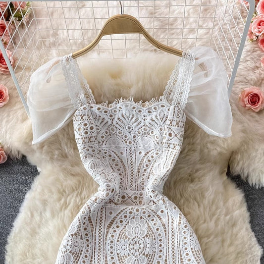 Square neck puff sleeves mid-length lace dress S4254