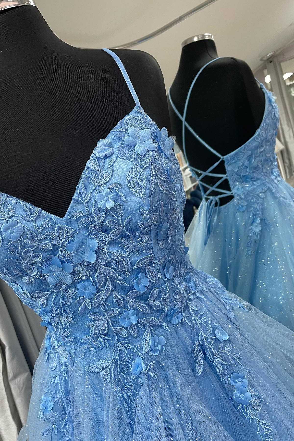 Blue Floral Appliques Lace-Up Tiered A-Line Prom Dress S2611