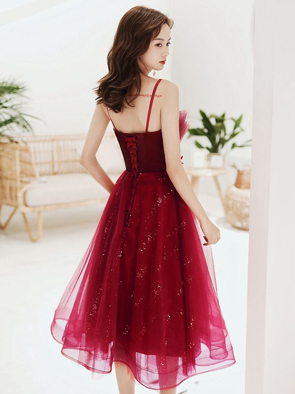 Burgundy Lace Sequins Short Prom Dress Homecoming Dress S3247