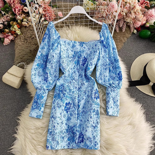 blue and white printed square sexy lantern sleeve dress S4337