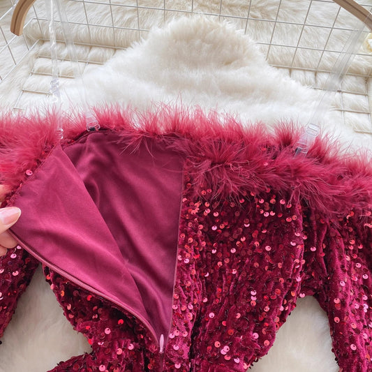 Hot Girl Style Women's Sequin Feather Tight Design Stunning Short Skirt S4663