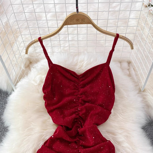 Fashionable sparkling glitter suspender backless sleeveless dress S4276