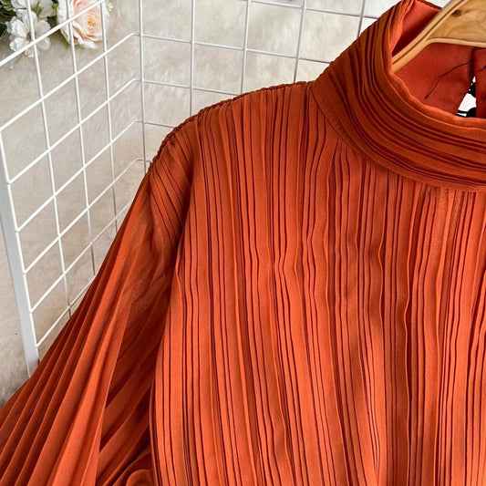 long-sleeved A-line chiffon pleated dress S4050