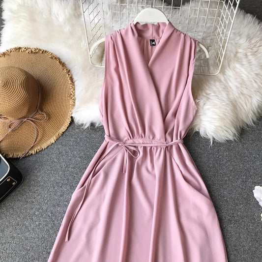 Sleeveless dress for women chiffon mid-length V-neck solid color simple S4350