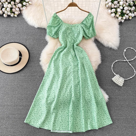 floral puff sleeves lace-up sexy dress women's long dress S3971