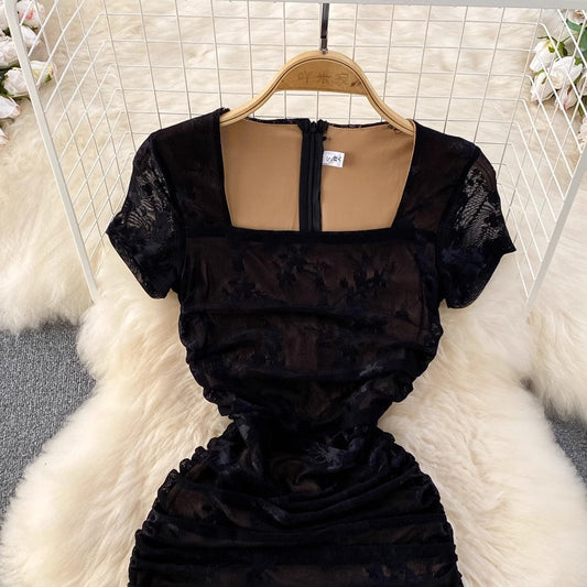short-sleeved square neck lace mid-length dress S4271