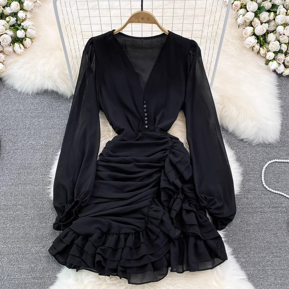 V-neck dress with irregular design ruffled skirt S4355