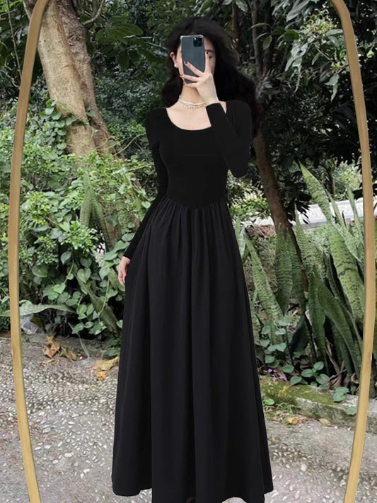 black dress for women 2023 autumn long-sleeved Dress S3884