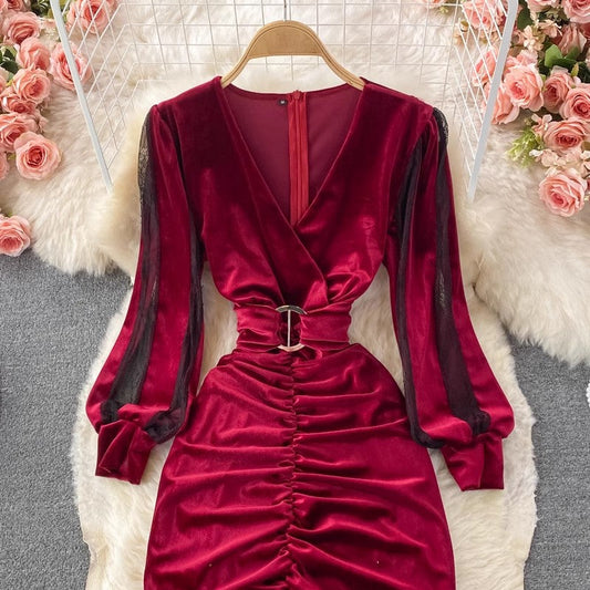 Sexy V-neck Pleated Mesh Velvet Slit Dress S4255