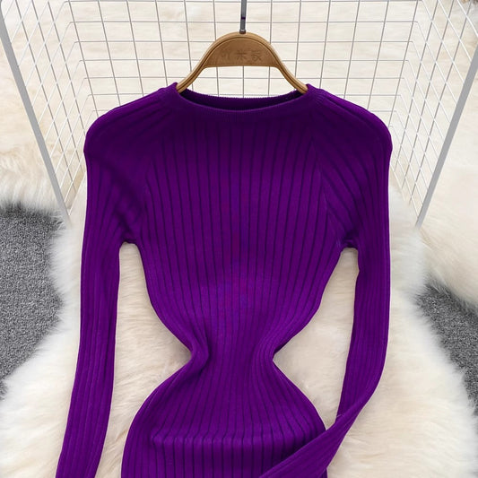 long-sleeved round neck knitted dress sweater skirt S4197