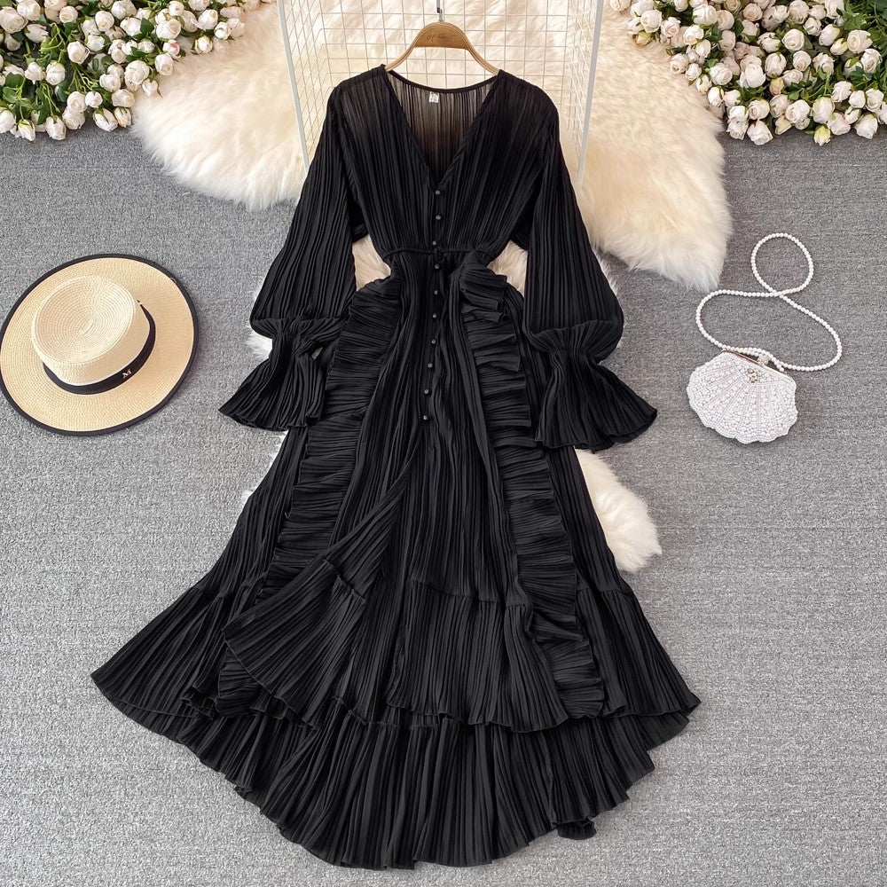 ruffled V-neck dress long skirt S4102