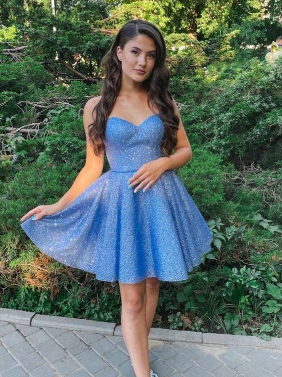 blue sweetheart neck tulle short prom dress, blue homecoming dress S3214
