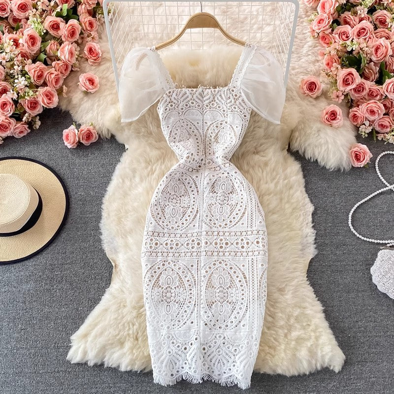 Square neck puff sleeves mid-length lace dress S4254