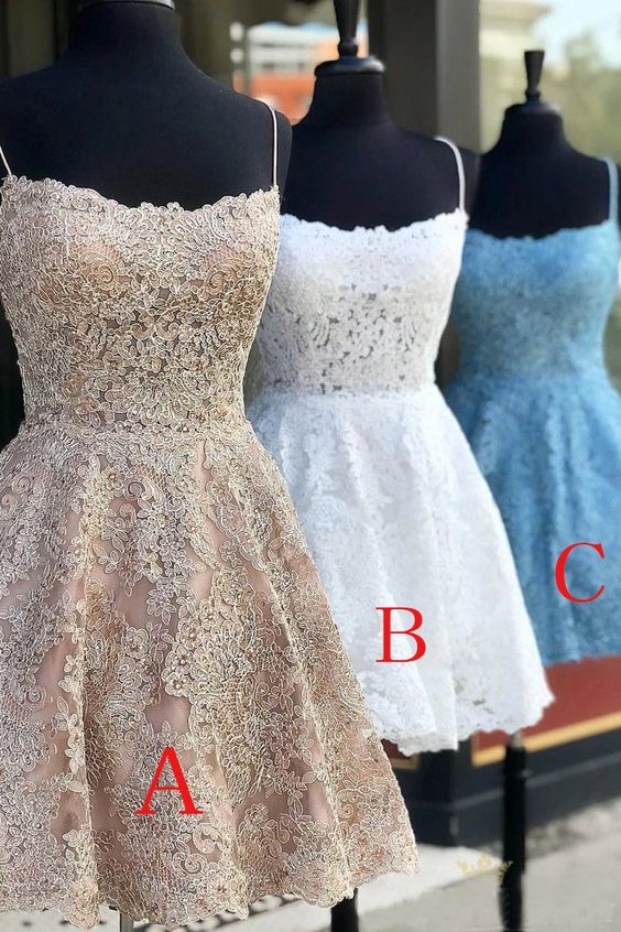 A Line Spaghetti Straps Lace Homecoming Dress fg3709