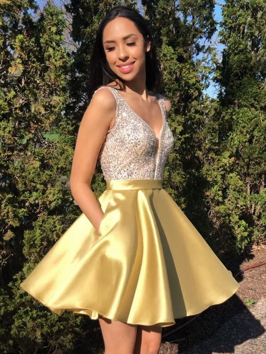 A Line V Neck Short Yellow Beaded Prom Dresses, Short Yellow Beaded Formal Homecoming Dresses S3088