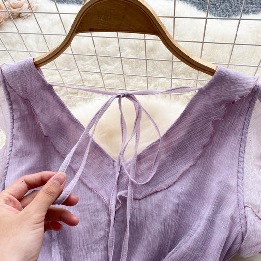 Purple V-neck Ruffled Cake Dress S4470