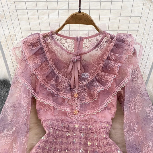 luxurious round-neck ruffled lantern long-sleeved lace sequined A-line dress S4273