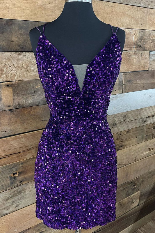 Purple Sequin Straps Tight Mini Party Dress S3672