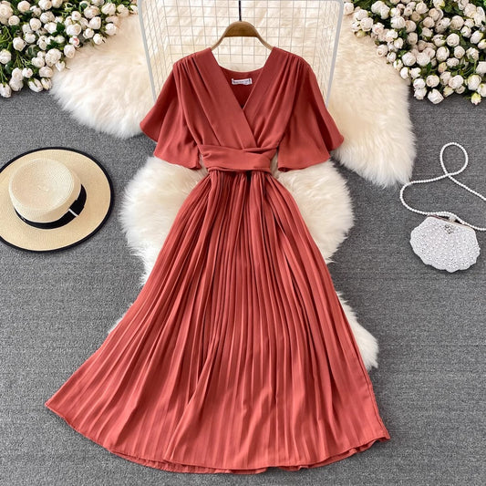 V-neck short-sleeved dress pleated long skirt S4030