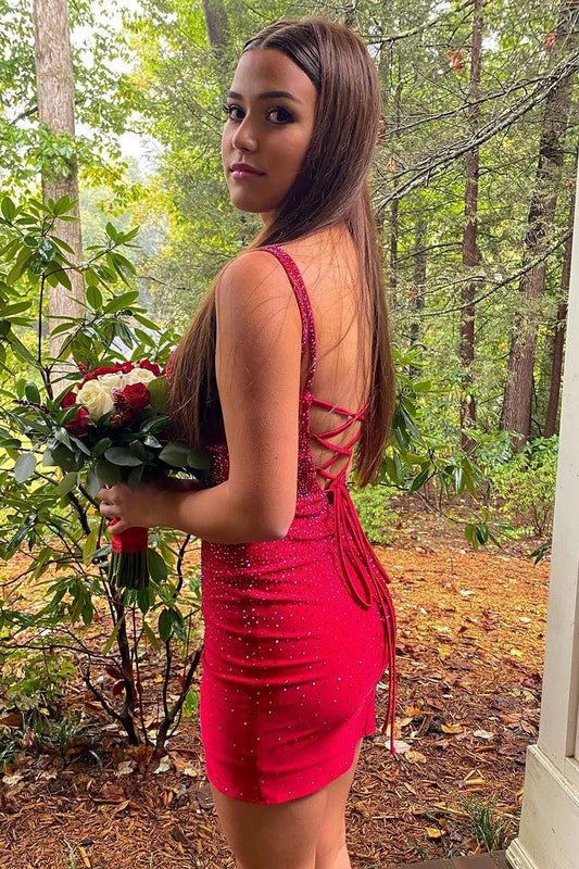 Red Spaghetti Straps Tight Homecoming Dress S3516