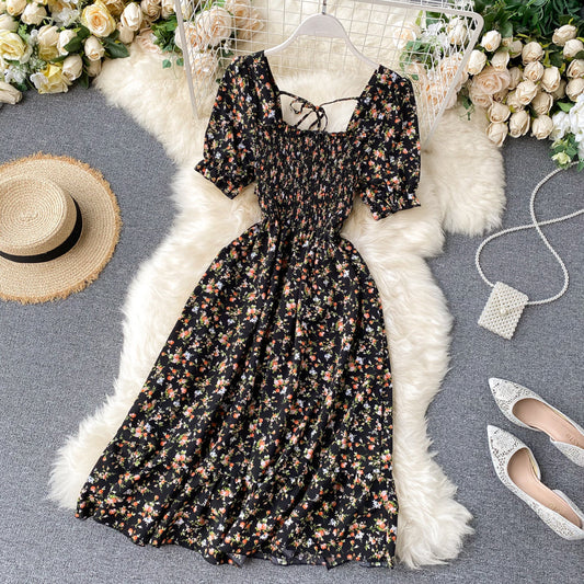 Sweet French Square Neck Short Sleeve Pleated Floral Chiffon Dress S4467