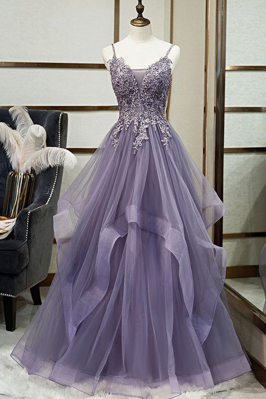 Unique v neck tulle lace long prom dress tulle lace formal dress S4150