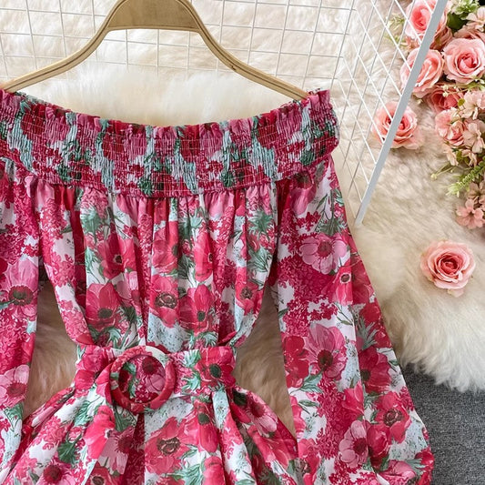 off-shoulder floral dress long-sleeved dress S4292