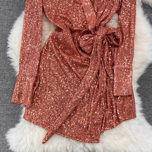 fashionable long-sleeved sequined V-neck A-line dress S3960