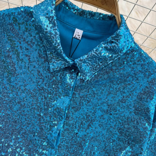 shiny sequined long-sleeved mid-length shirt dress fashionable a-line dress for women S4207