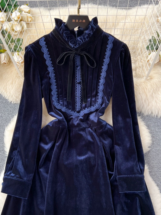 Velvet Dresses, Vintage Dresses,lace Patchwork Long-sleeve Dresses S4475