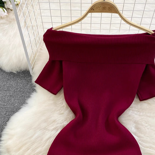 off-shoulder A-line ruffled knitted dress S4080