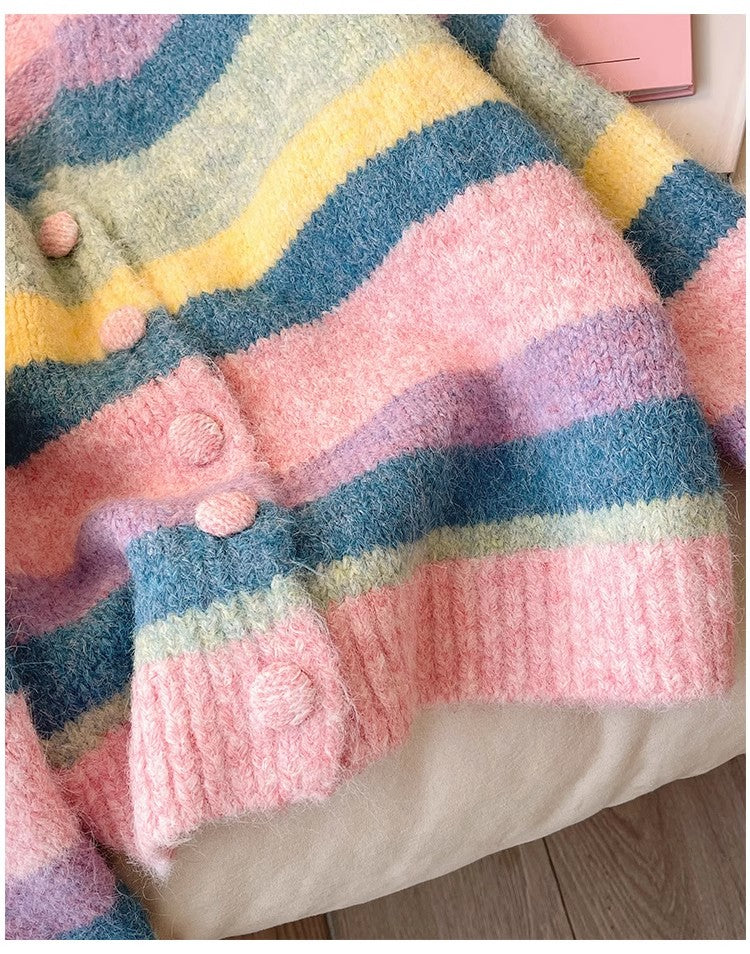 Candy color V-neck rainbow sweater jacket for women knitted cardigan S4907