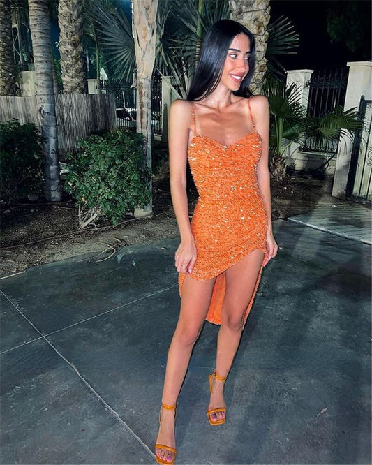 Sexy Orange Glitter Prom Dresses Short Front Long Back Sweetheart Spaghetti Straps Formal Party Cocktail Dress S2660