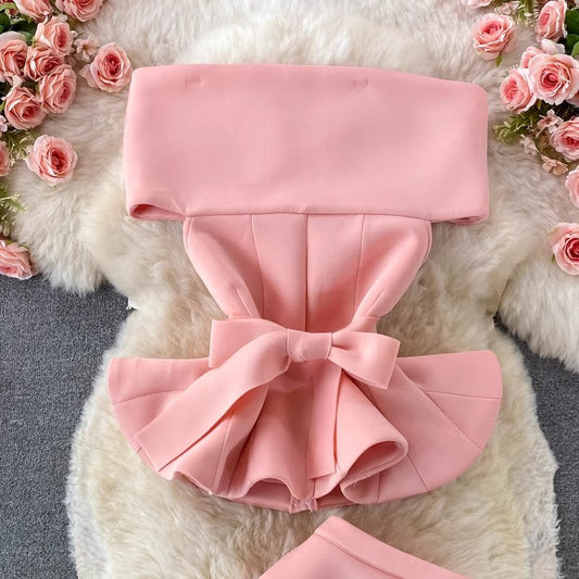off-shoulder ruffled cropped top two-piece suit mid-length skirt S3919