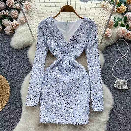 New sexy design sequined V-neck long-sleeved dress S4543