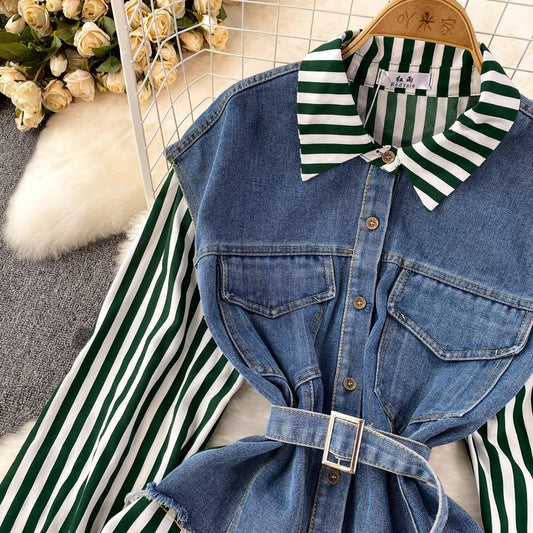 Denim Vest Spliced Striped Shirt Women's Casual Irregular Top S4051