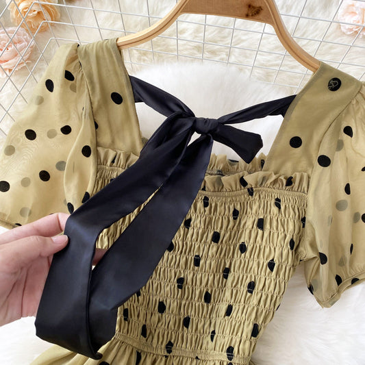 Vintage Square Neck Polka Dot Puff Sleeve Dress S4458