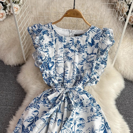 round neck short a line print dress S4147