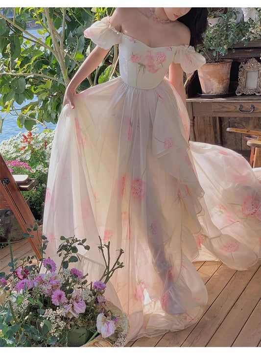 Puff sleeve floral dress women's summer and early autumn long skirt S3428